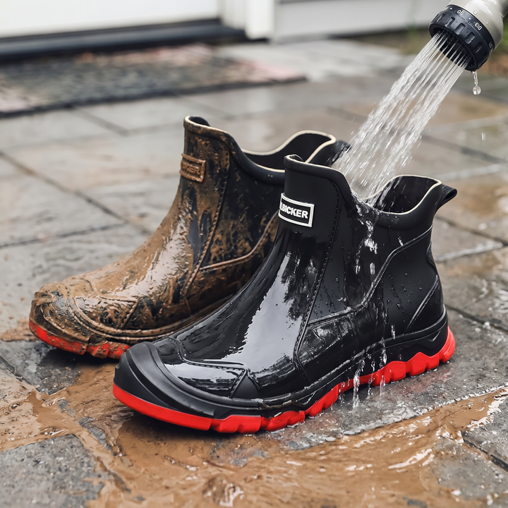 One boot muddy and one rinsed clean under a hose
