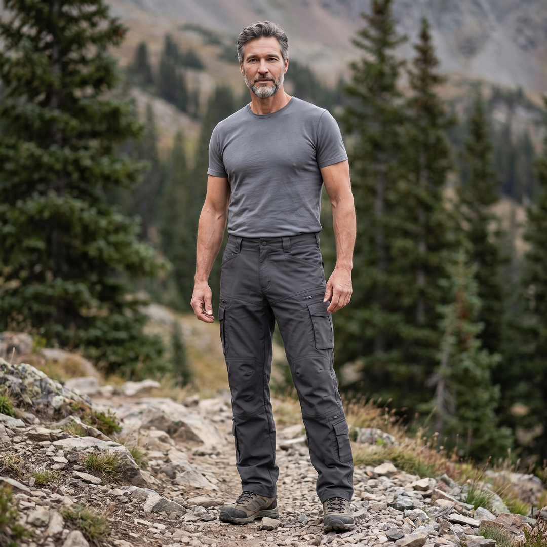Men's tactical cargo pants grey - man on rocky alpine trail full body lifestyle