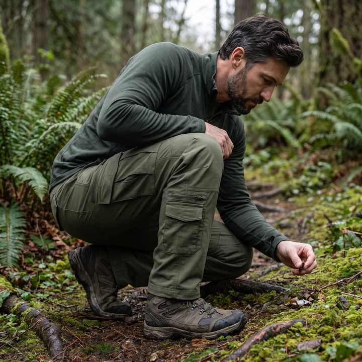 Men's tactical cargo pants army green - man crouching in forest outdoor lifestyle