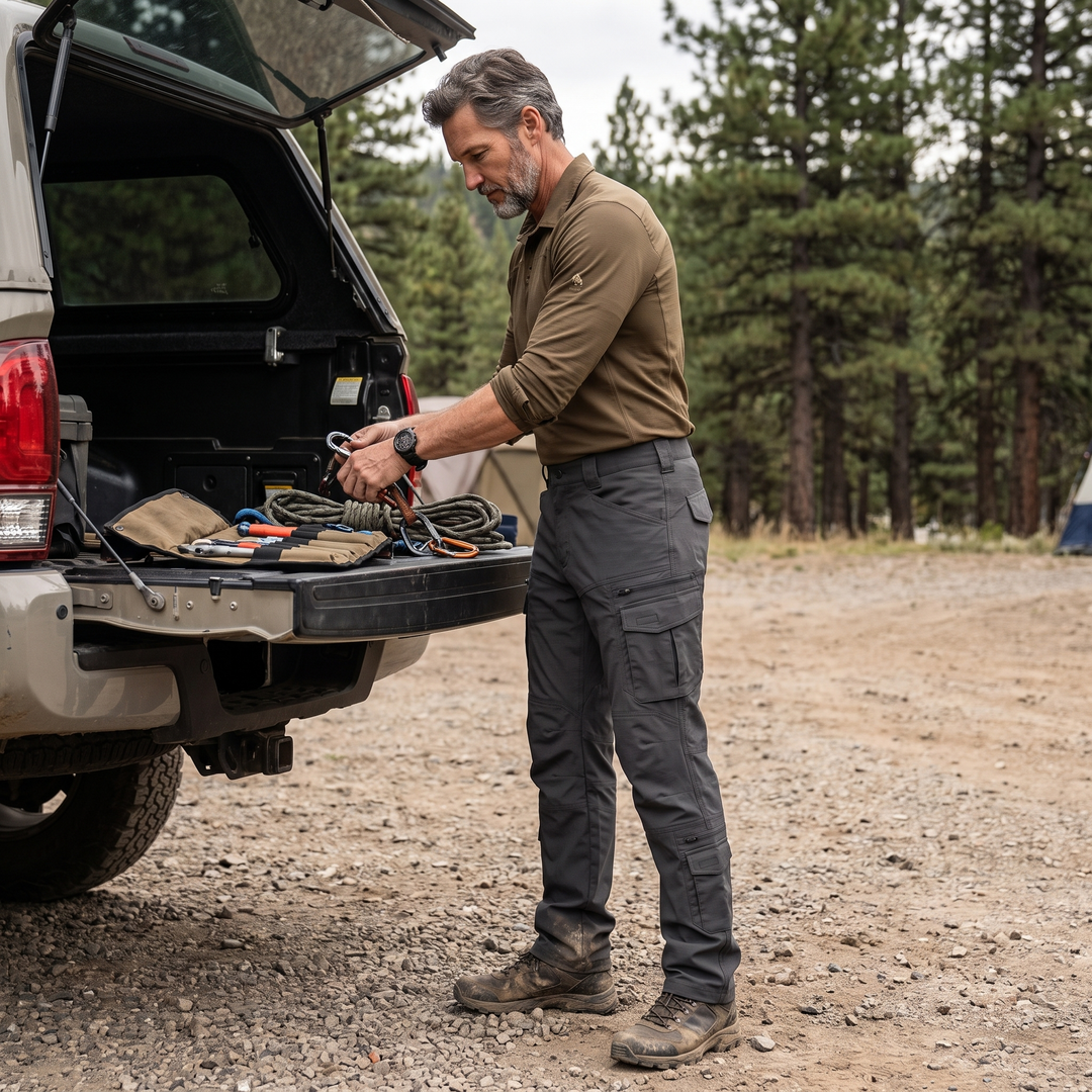 Men's tactical cargo pants grey - man at truck tailgate overlanding camp lifestyle