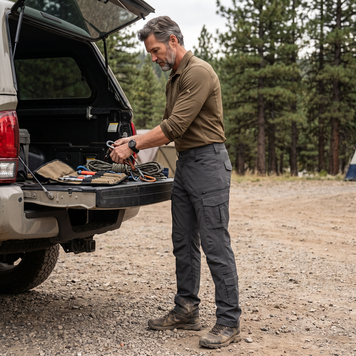 Men's tactical cargo pants grey - man at truck tailgate overlanding camp lifestyle