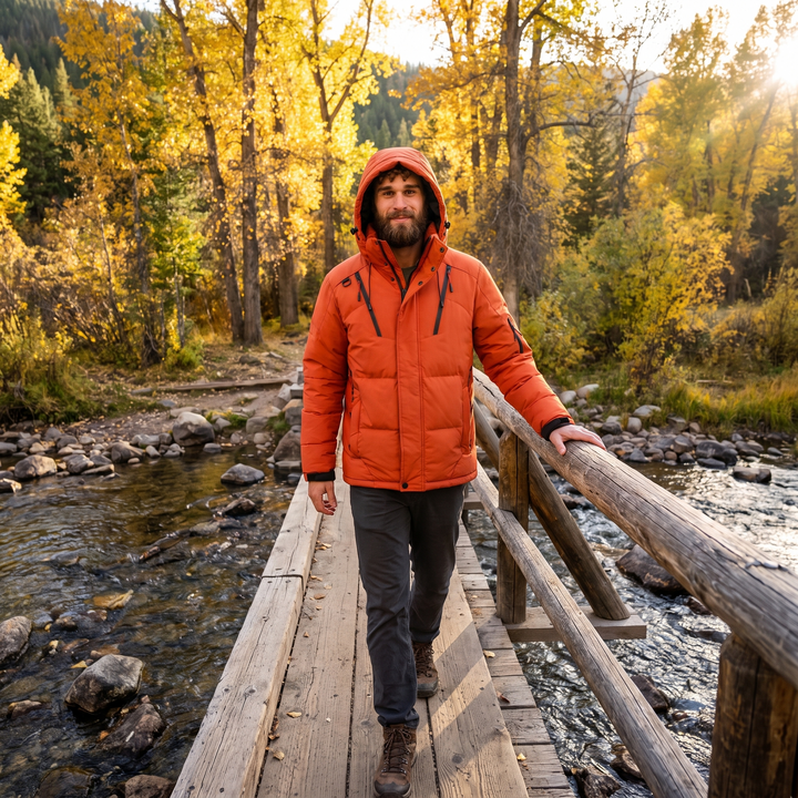 Men's puffer jacket in orange - Colorado Rockies footbridge outdoor lifestyle