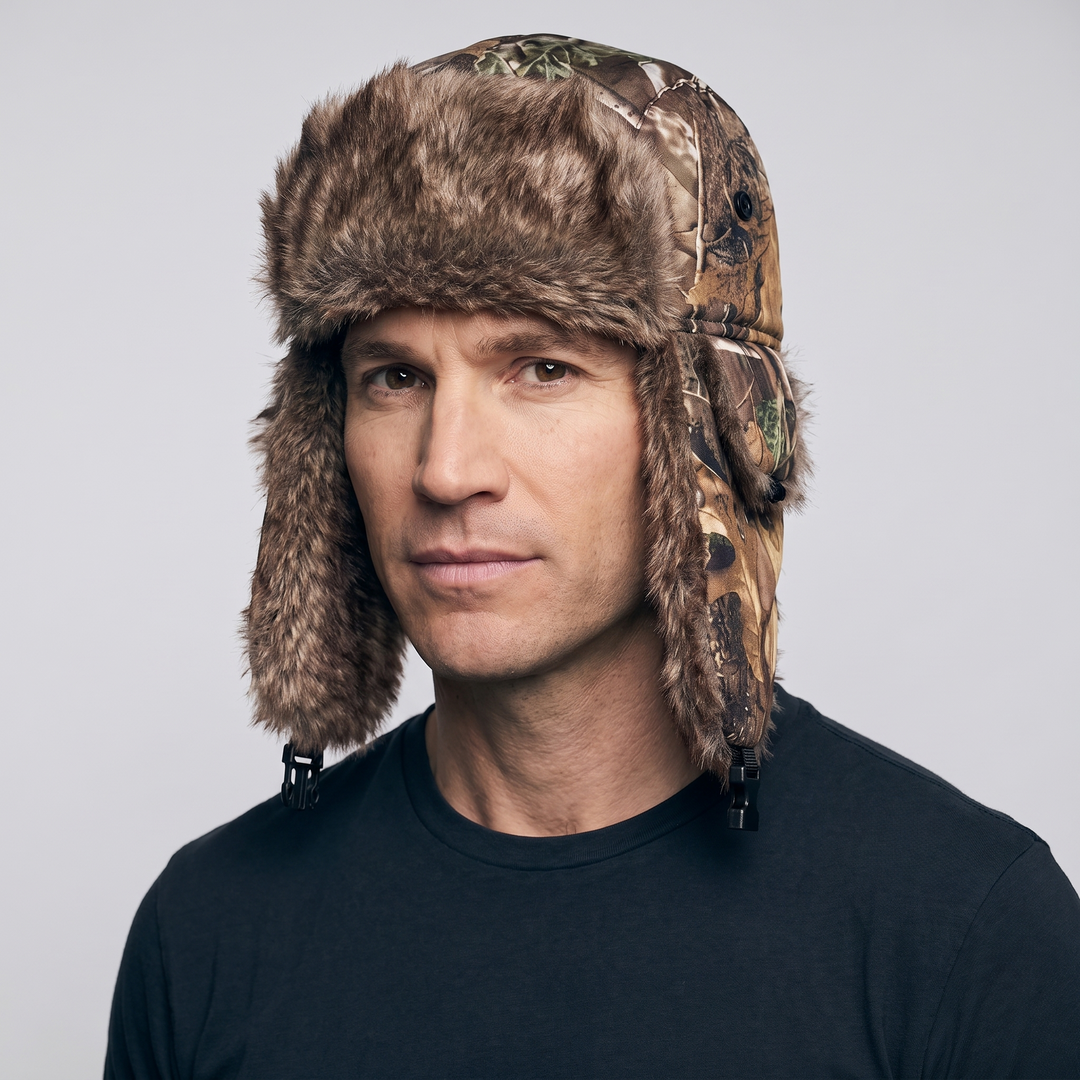 Man wearing the Autumn Woodland Camo trapper hat with ear flaps down
