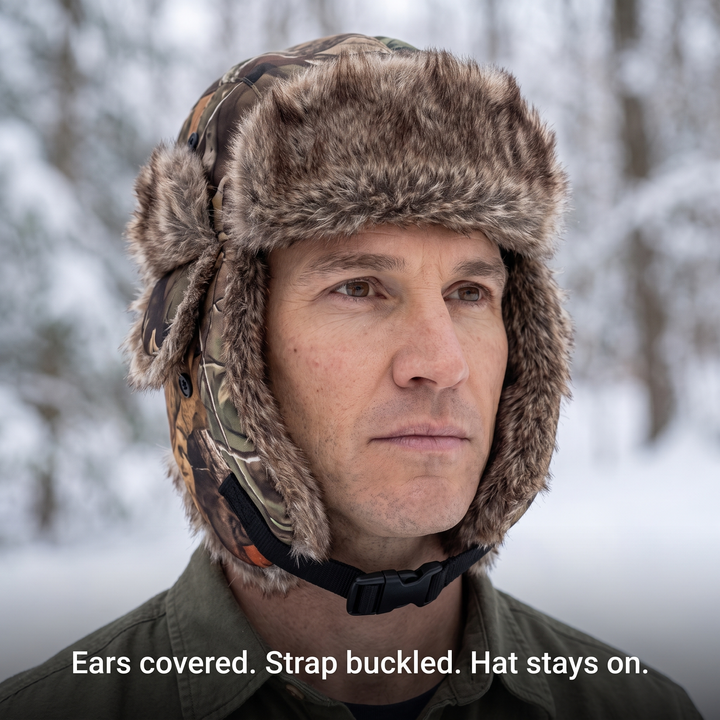 Chin strap buckled under the chin on the camo trapper hat