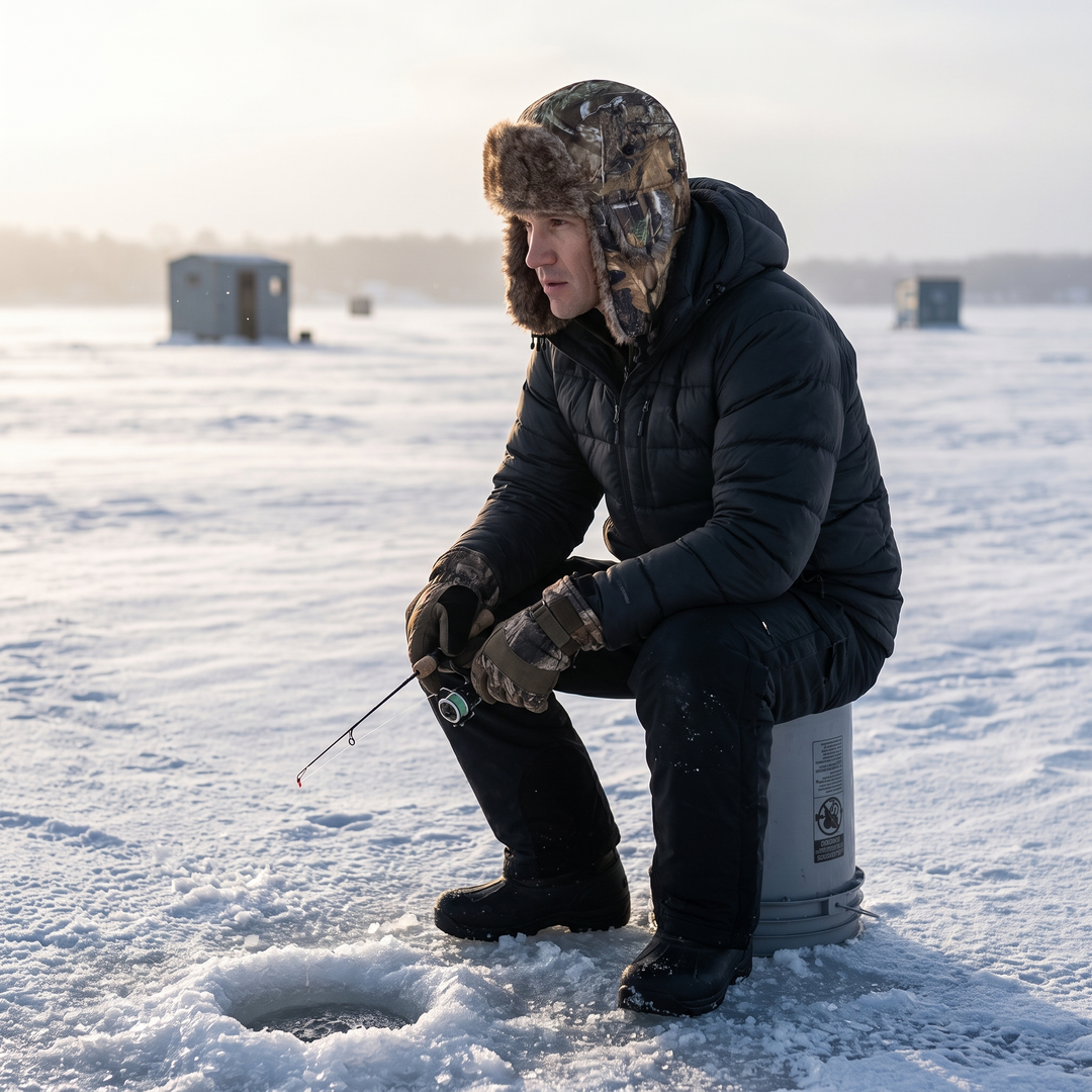 Ice angler on a frozen lake in Minnesota wearing the camo trapper hat