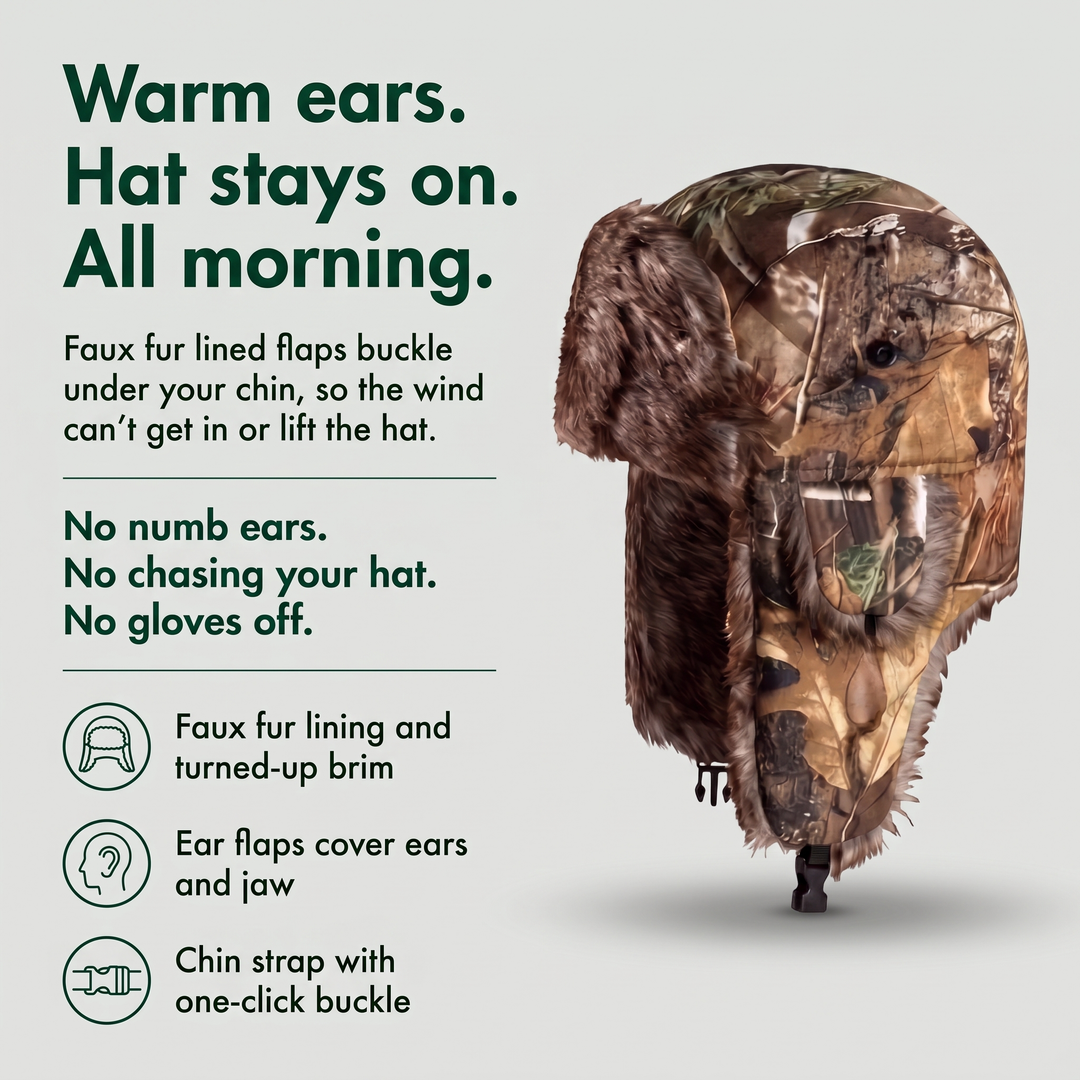 Camo trapper hat features: faux fur lining, ear flaps and chin strap with buckle
