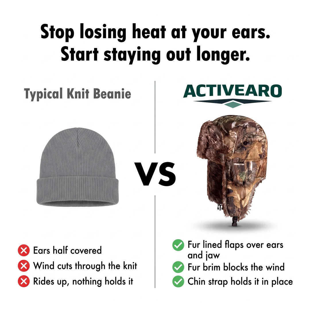 Typical knit beanie compared with the Activearo camo trapper hat