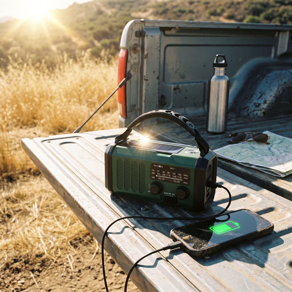 Green solar power bank radio charging a phone in the sun on a pickup tailgate
