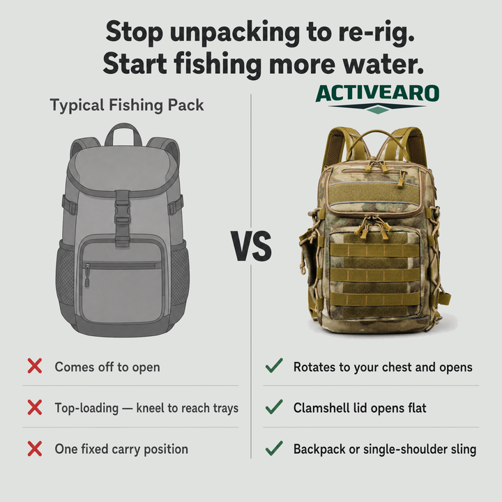 A typical fishing pack compared with the convertible sling backpack