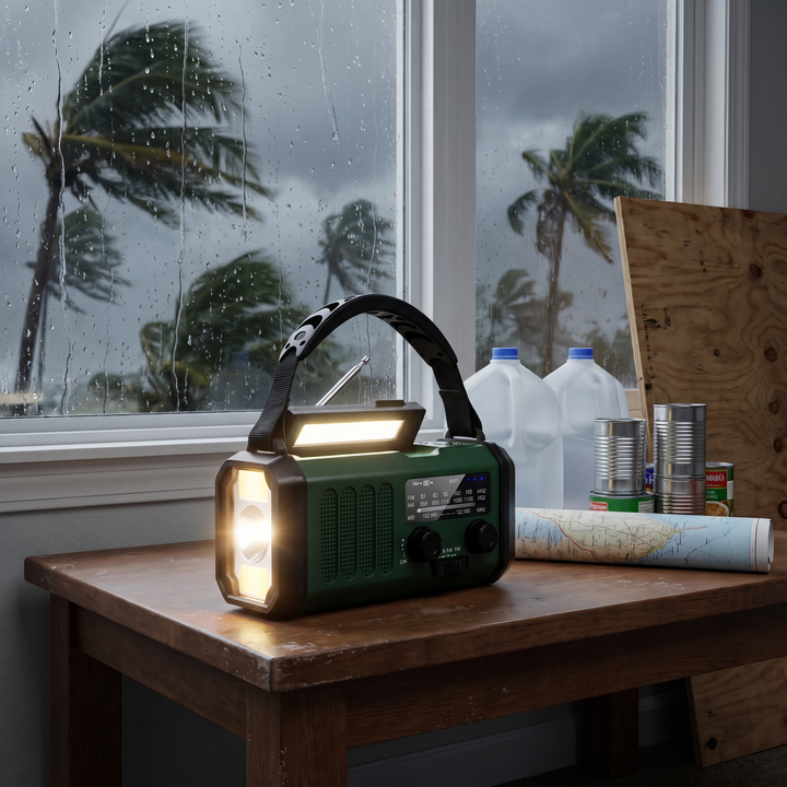 Green storm radio with its flashlight on, by a window during a hurricane with water and canned goods