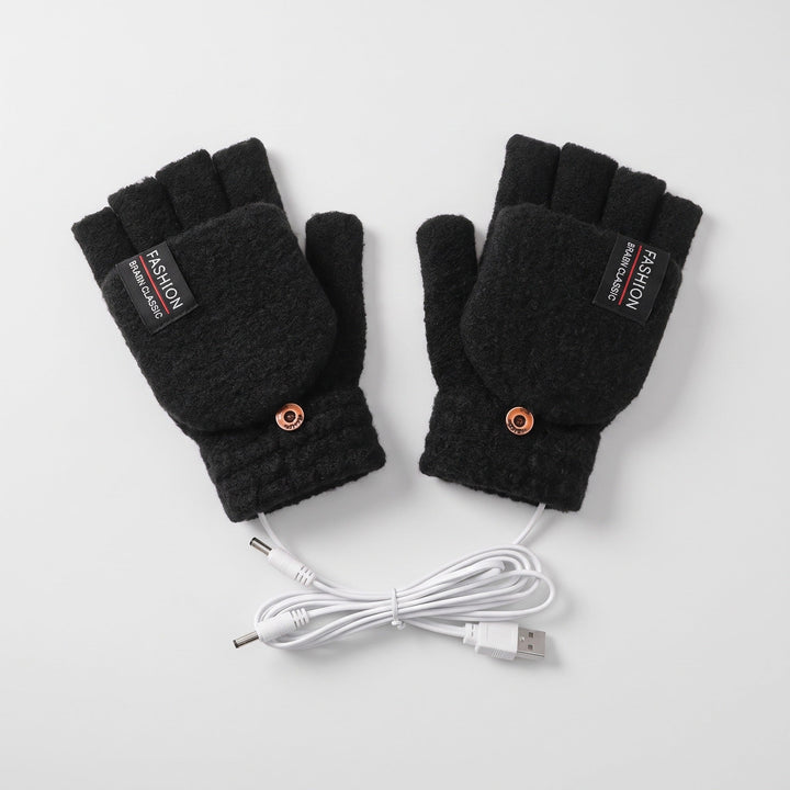 USB heated gloves in Black with the flip-top buttoned back and the USB cable