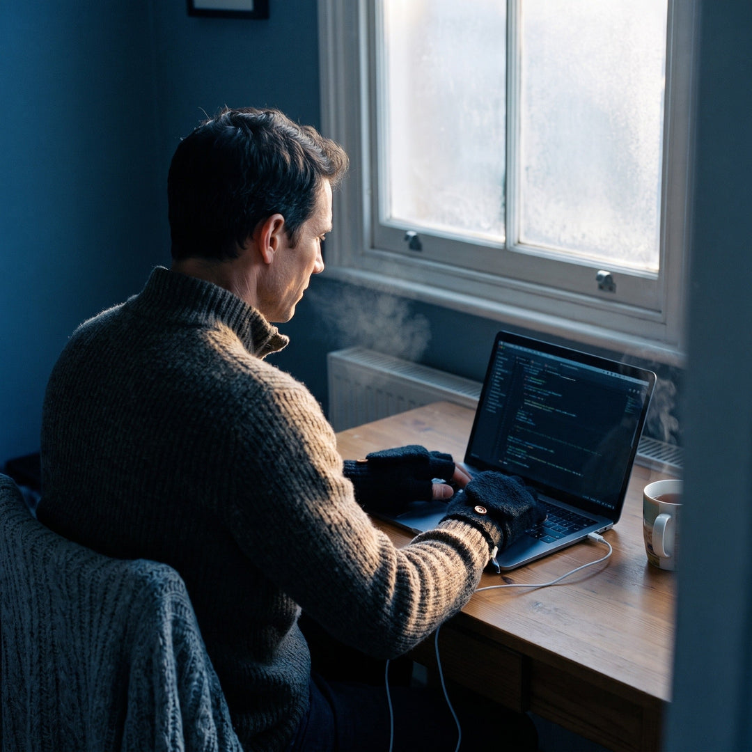Man typing at a laptop in a cold home office wearing the USB heated gloves