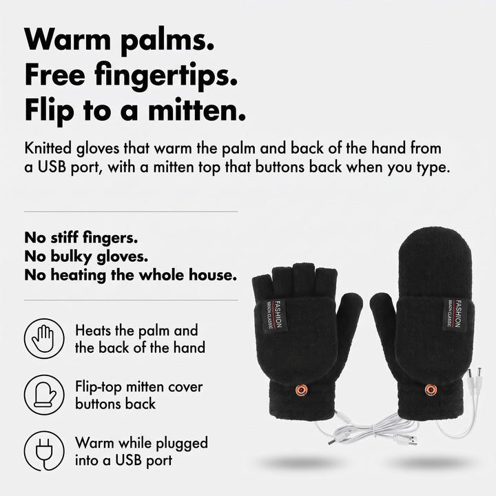 Heated gloves infographic: warm palms, free fingertips, flip to a mitten