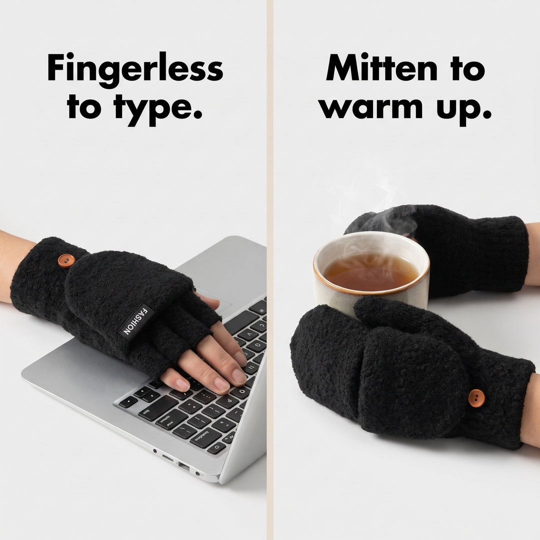 Heated gloves in fingerless mode for typing and mitten mode round a mug of tea