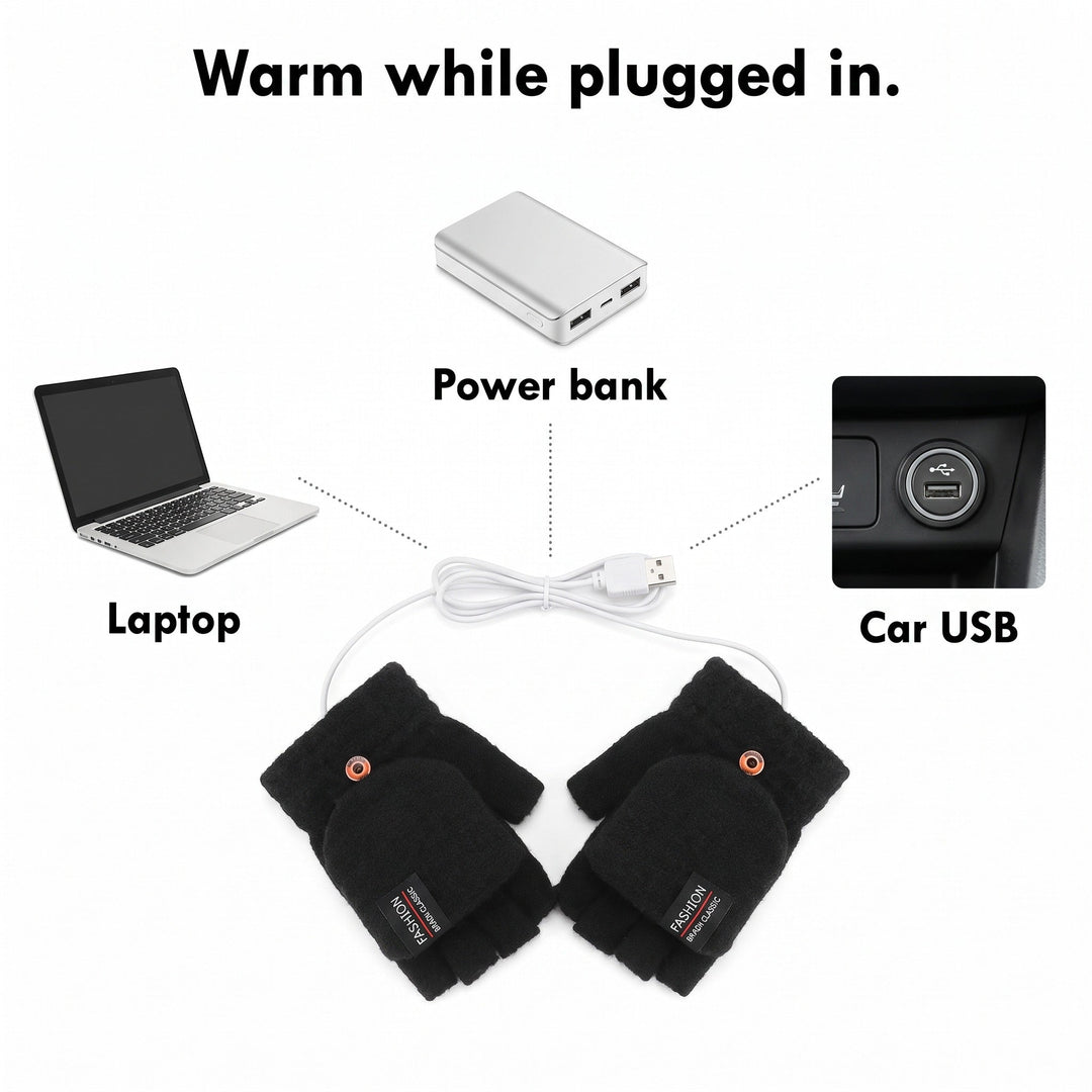 USB heated gloves plug into a laptop, a power bank or a car USB socket