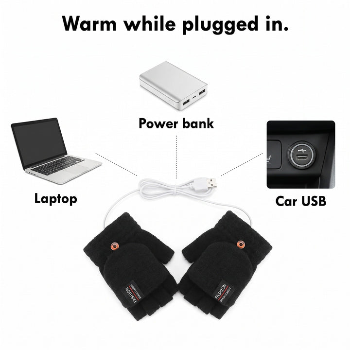 USB heated gloves plug into a laptop, a power bank or a car USB socket
