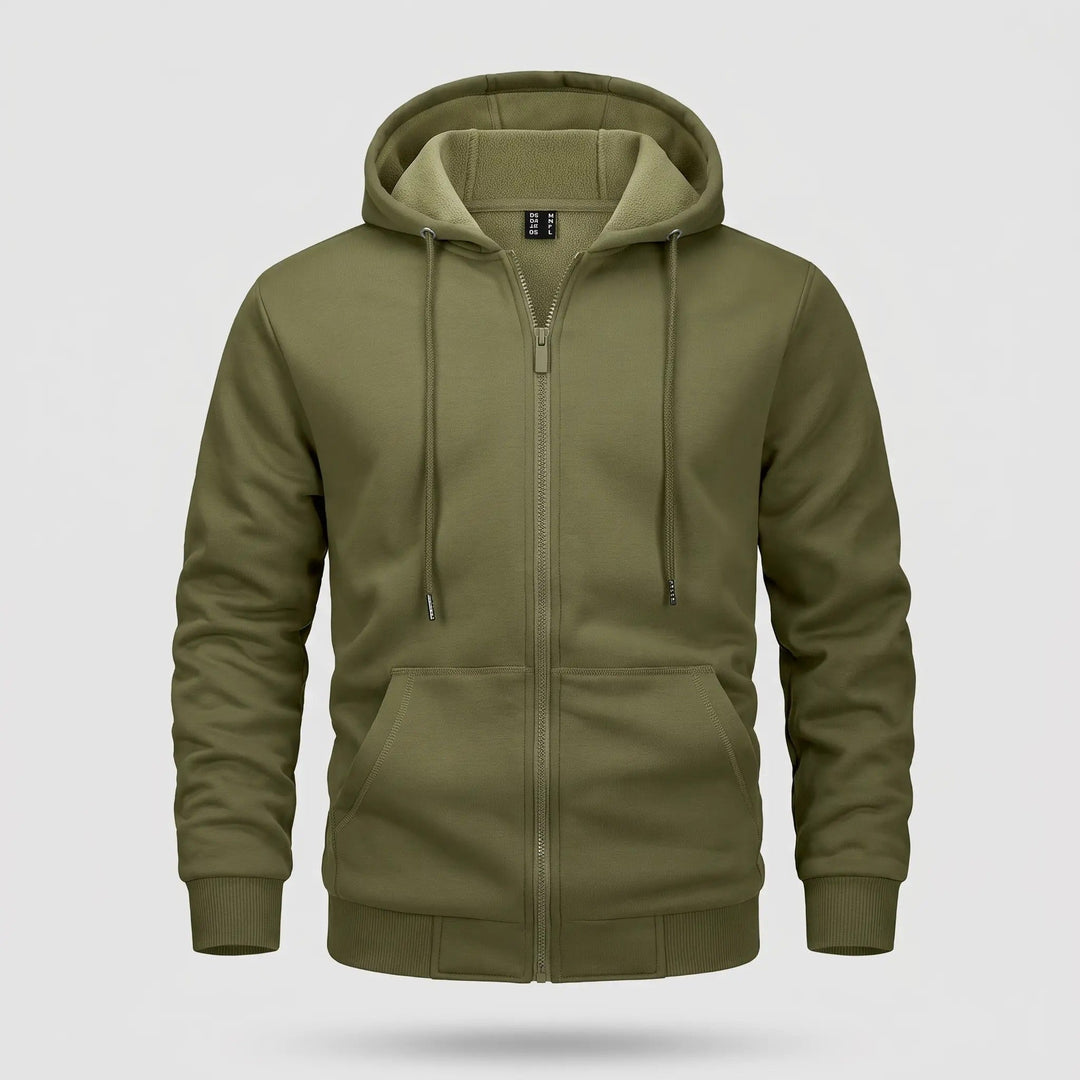 Men's zip up hoodie in Army Green, front view