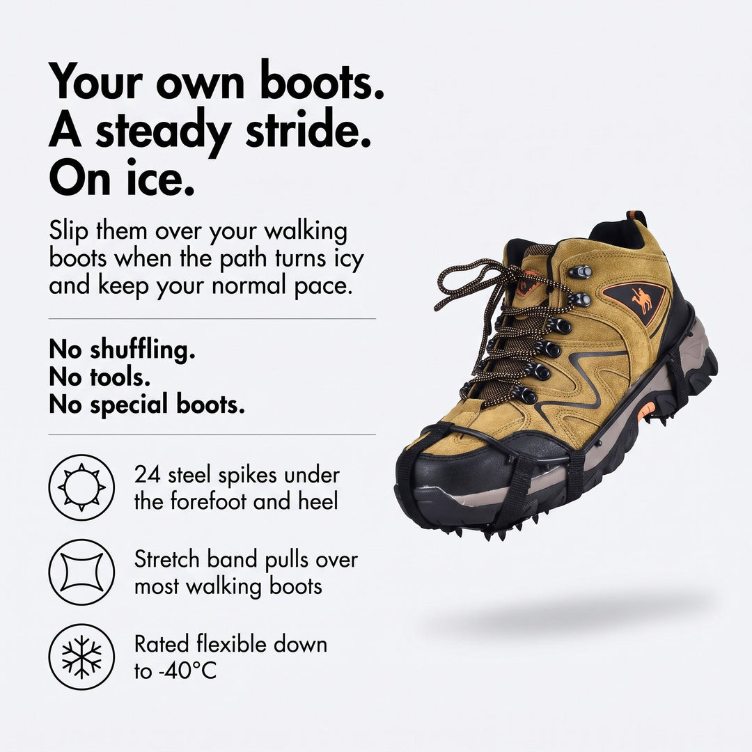 Microspikes infographic: your own boots, a steady stride on ice