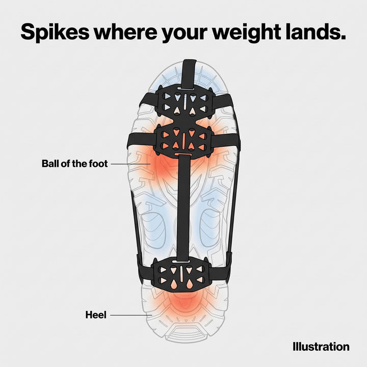 Illustration of where the microspike spikes sit under the ball of the foot and the heel