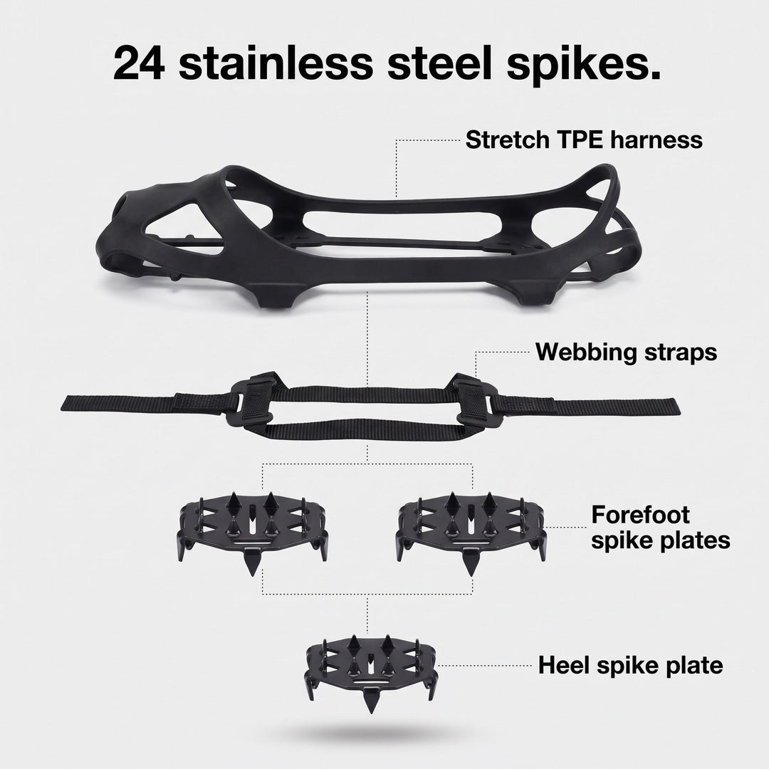 Exploded view of the microspikes: stretch harness, webbing straps and spike plates