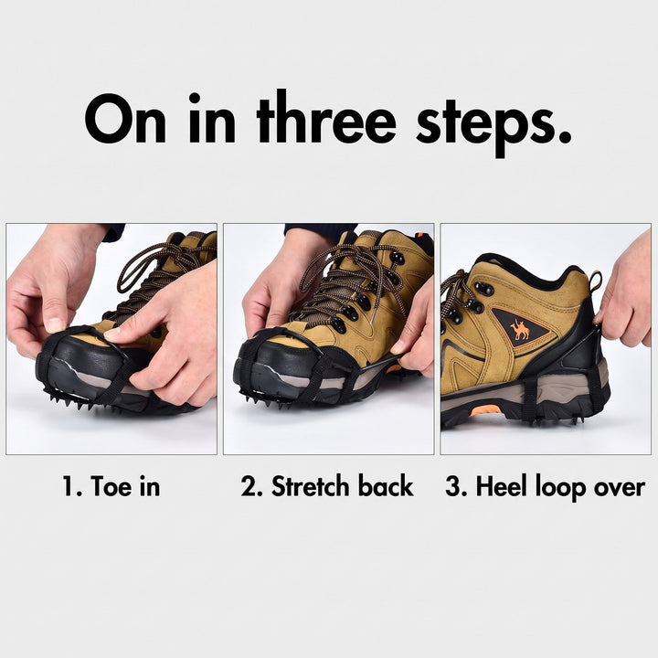 How to put on microspikes in three steps: toe in, stretch back, heel loop over