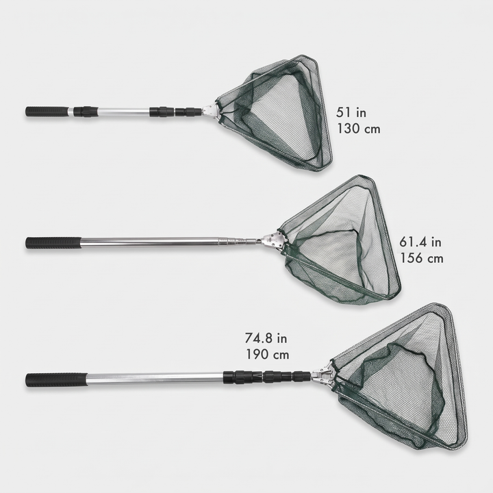 Three lengths of telescopic landing net: 51, 61.4 and 74.8 in (130, 156 and 190 cm)