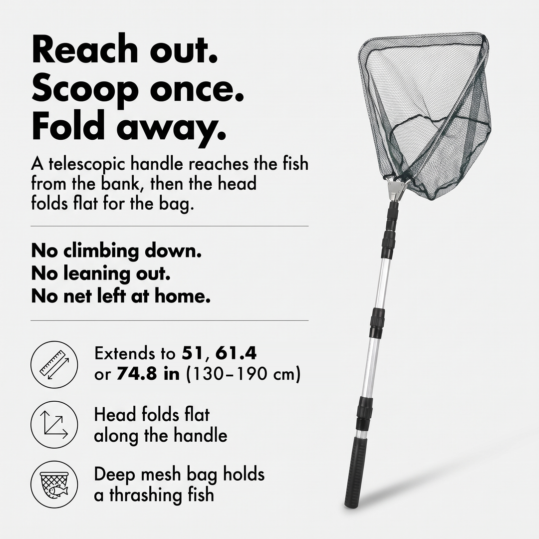 How the telescopic folding landing net works, extends to 51, 61.4 or 74.8 in (130 to 190 cm)