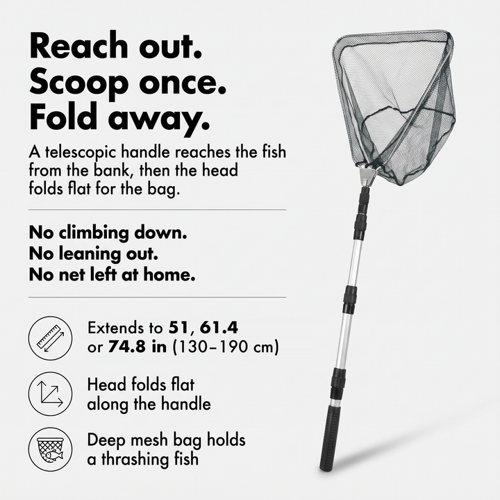 How the telescopic folding landing net works, extends to 51, 61.4 or 74.8 in (130 to 190 cm)