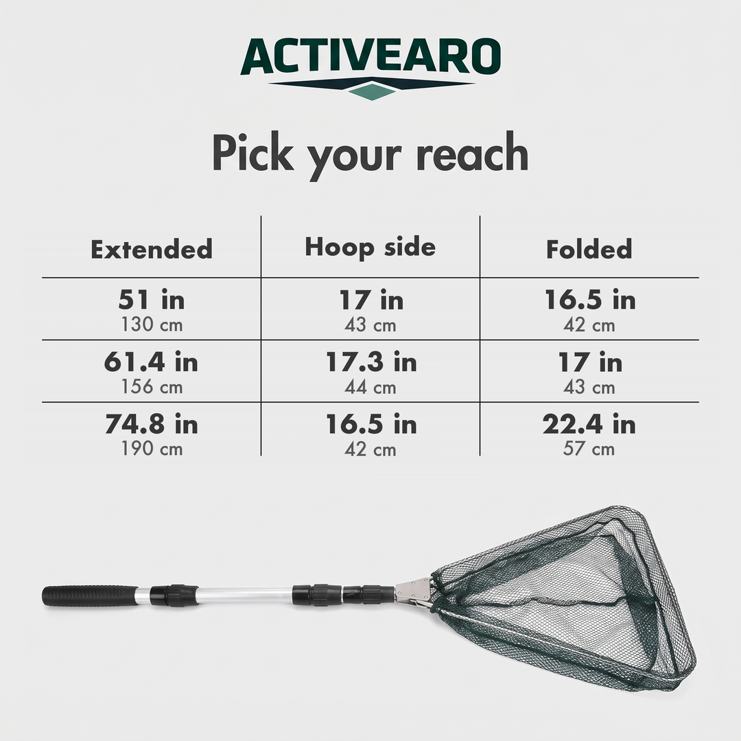 Landing net size chart by length in inches and centimeters