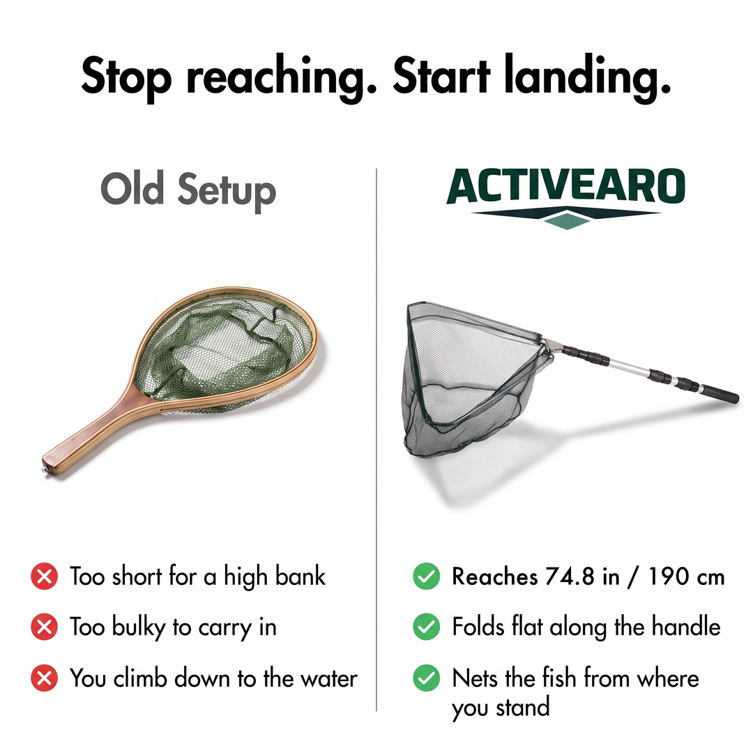 Telescopic landing net compared with a short fixed-handle net, reaches 74.8 in (190 cm)