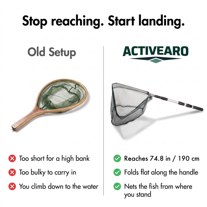 Telescopic landing net compared with a short fixed-handle net, reaches 74.8 in (190 cm)