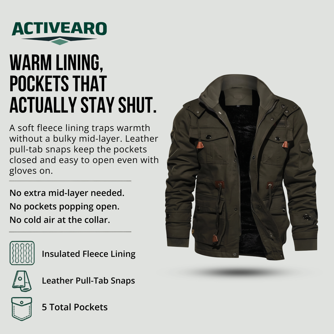 Men's tactical jacket features: insulated fleece lining, leather pull-tab snaps, multiple pockets
