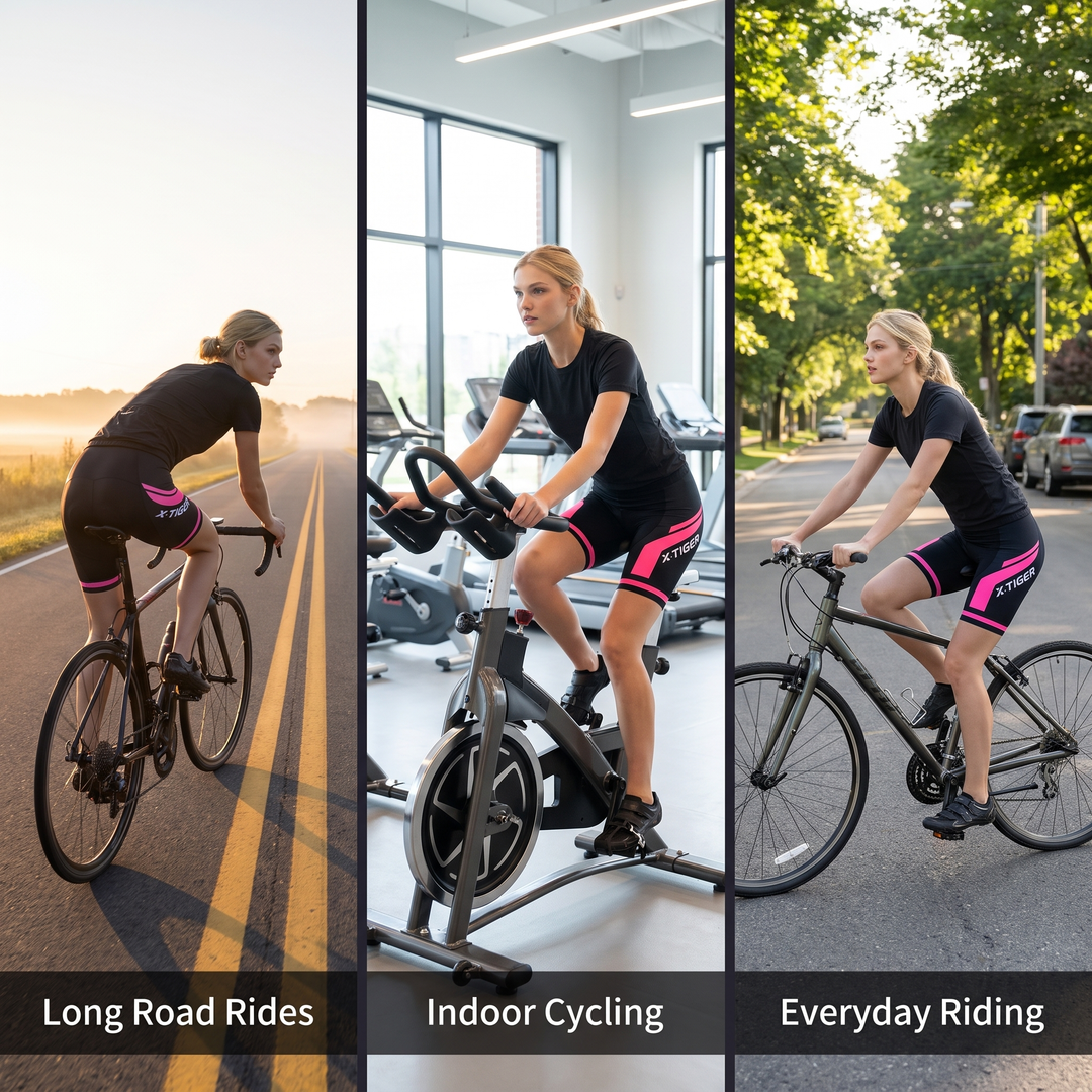 The padded bike shorts used for long road rides indoor cycling and everyday riding
