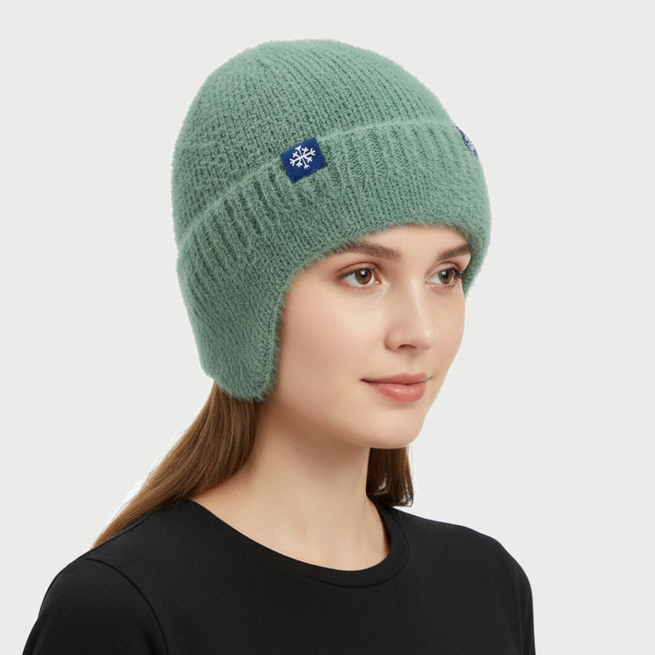 Women's beanie with ear flaps in Sage Green, fuzzy knit winter hat