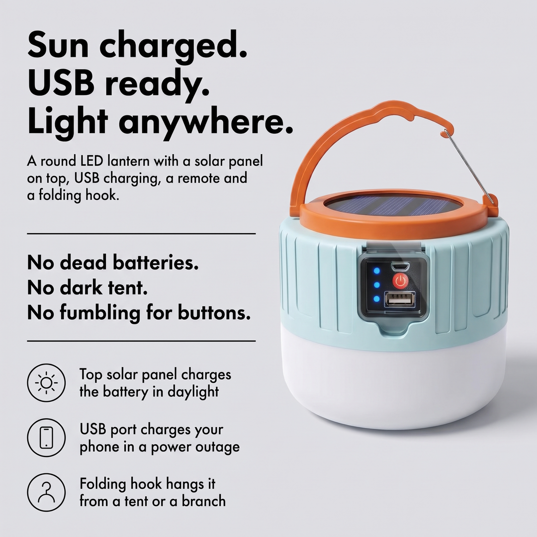 Solar camping lantern benefits: solar charging, USB output, folding hook