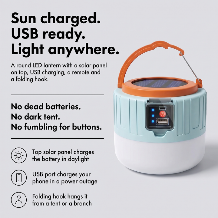 Solar camping lantern benefits: solar charging, USB output, folding hook