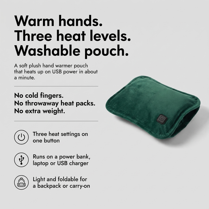 Hand warmer pouch benefits: three heat levels, USB power, washable and foldable