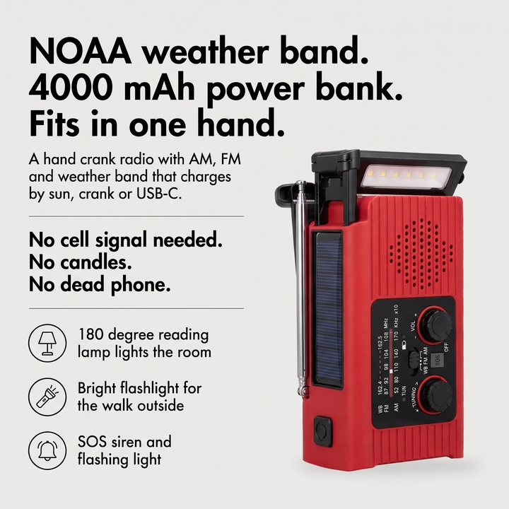 Weather radio benefits: NOAA weather band, 4000 mAh power bank and a size that fits in one hand