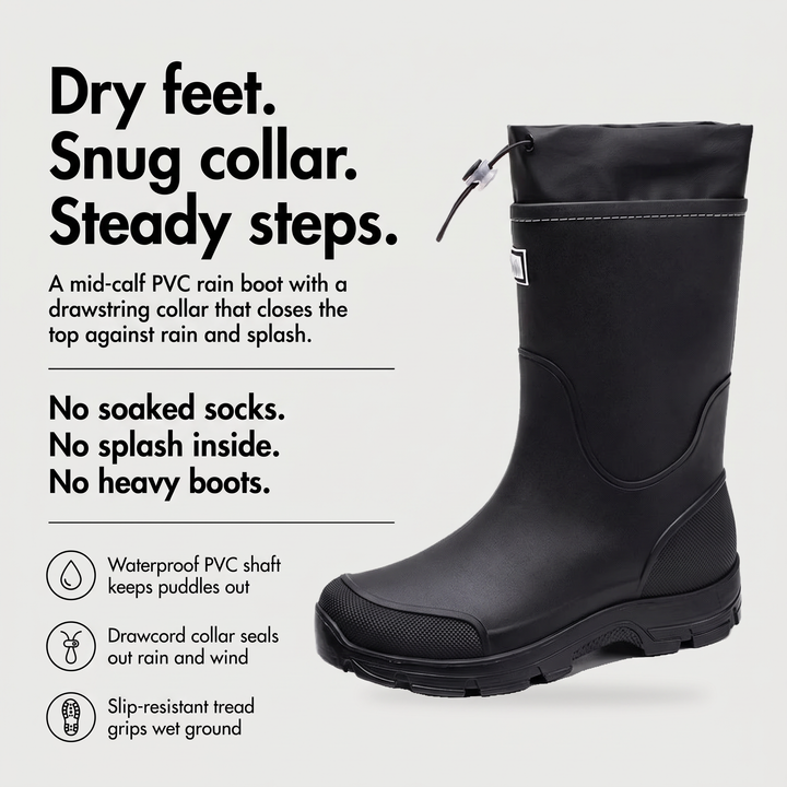 Men's waterproof rain boots benefits: PVC shaft, drawcord collar, slip-resistant tread