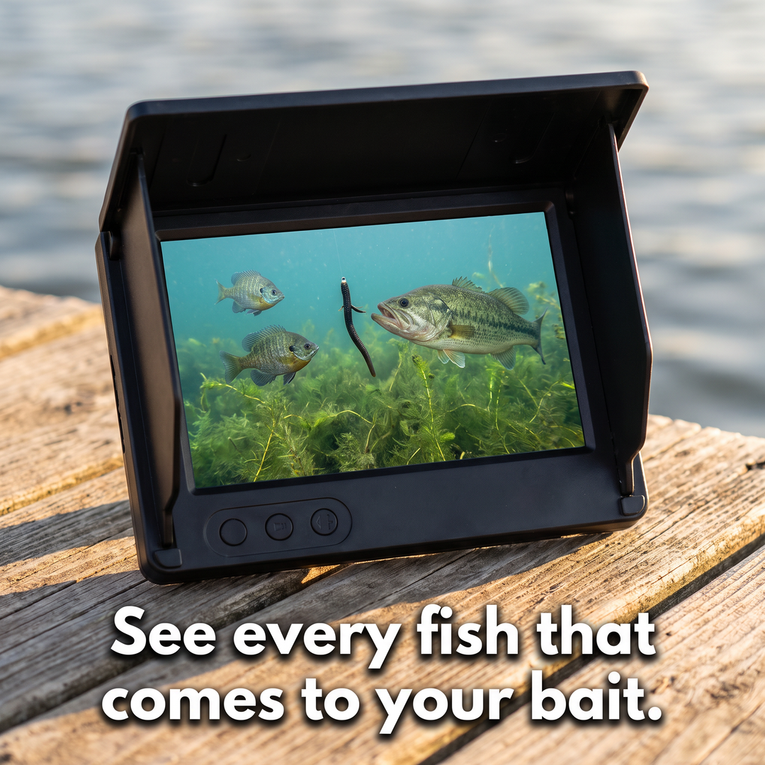Underwater fish camera screen showing a bass and bluegill around a worm