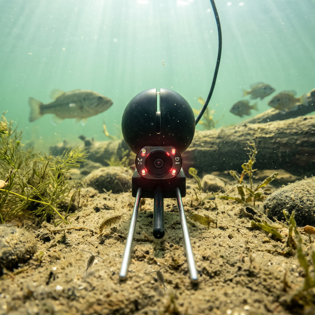 Underwater fish camera on the lake bottom with a bass in front of the lens