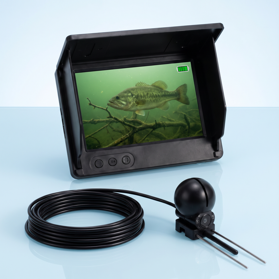 Underwater fish camera with 4.3 in monitor, sun visor, coiled cable and ball-dome camera