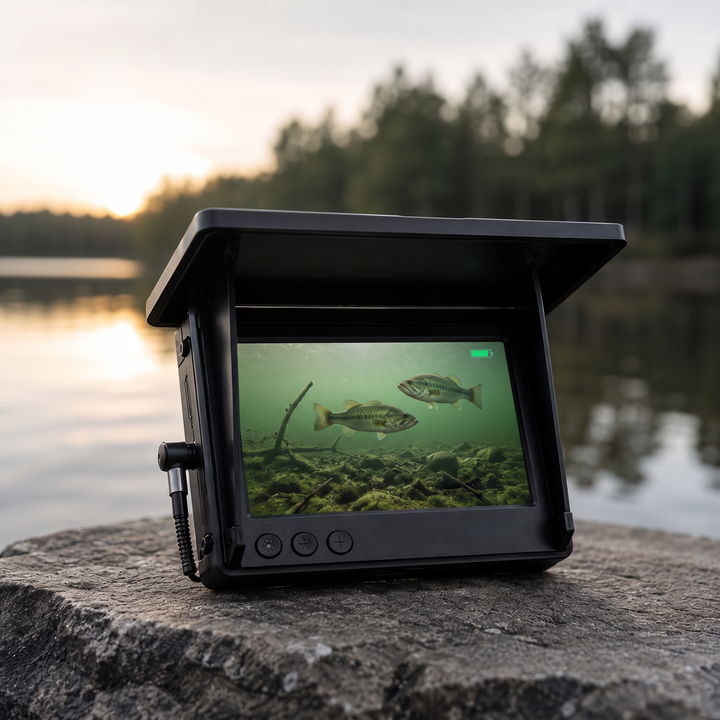 Underwater fish camera monitor on a lakeside rock at sunset showing bass on the screen