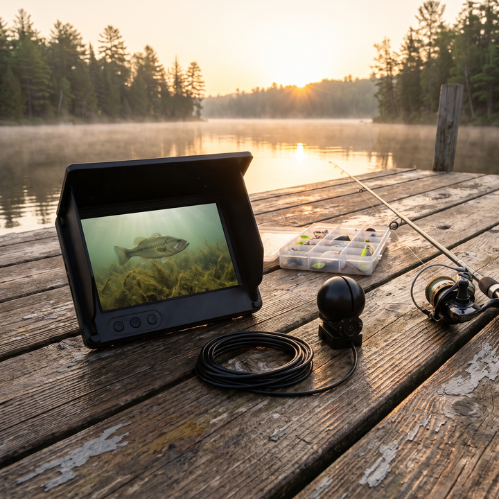 Underwater fish camera monitor and camera on a fishing pier at sunrise