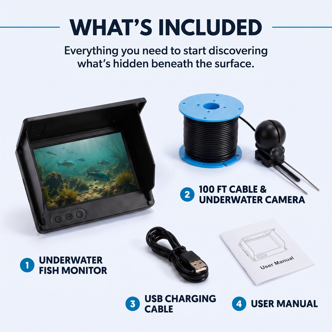 What is included with the underwater fish camera: monitor, 100 ft cable and camera, USB charging cable, user manual