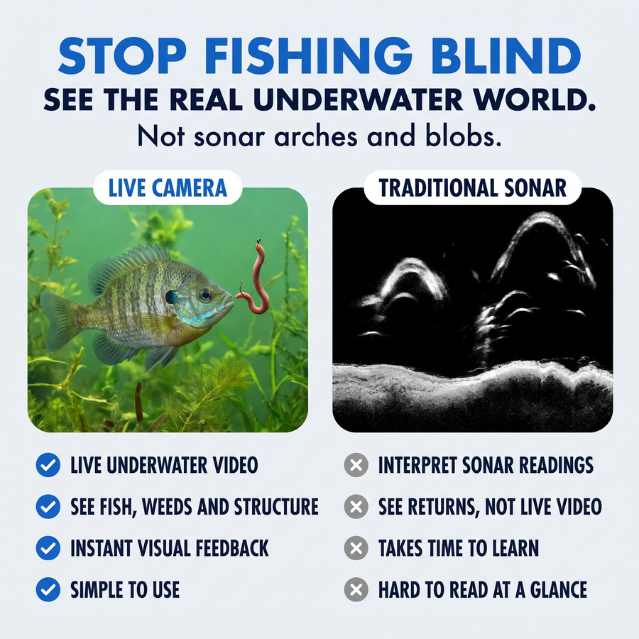 Underwater fish camera live view compared with traditional sonar