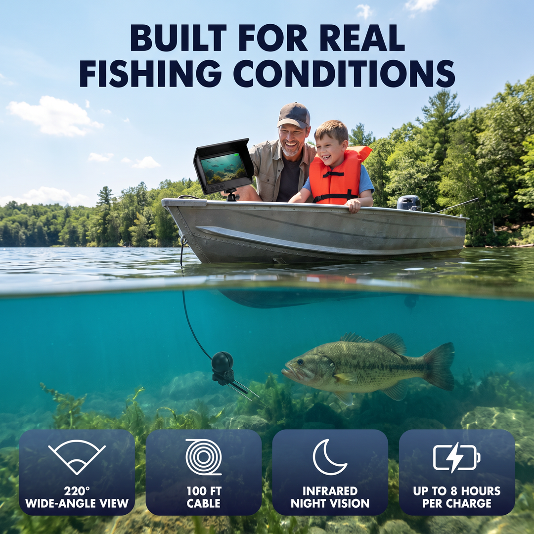 Father and son in a boat watching the underwater fish camera, camera near a bass below the surface