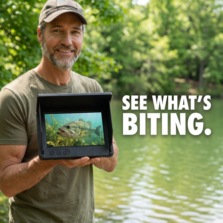Angler holding the underwater fish camera monitor showing a bass