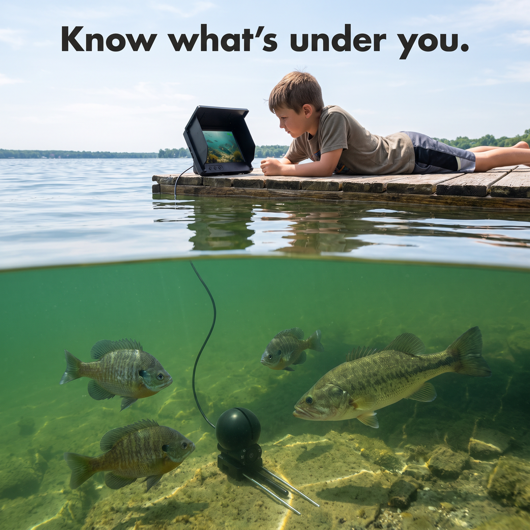 Boy on a dock watching the underwater fish camera, camera below the surface near fish