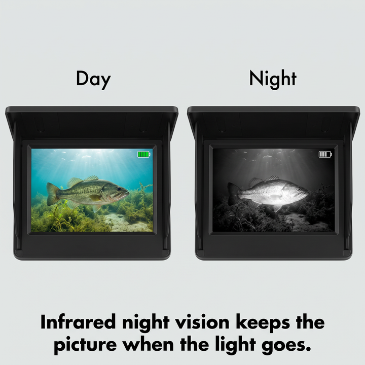Underwater fish camera screen by day and with infrared night vision